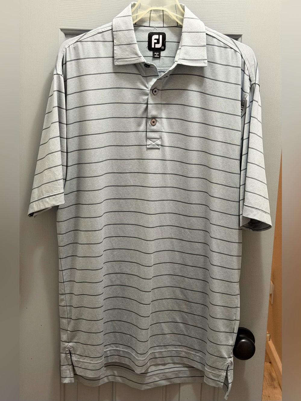 Footjoy FJ Golf Prodry Mens Medium Classic Fit Polo Shirt Gray w/Dk Blue Stripes